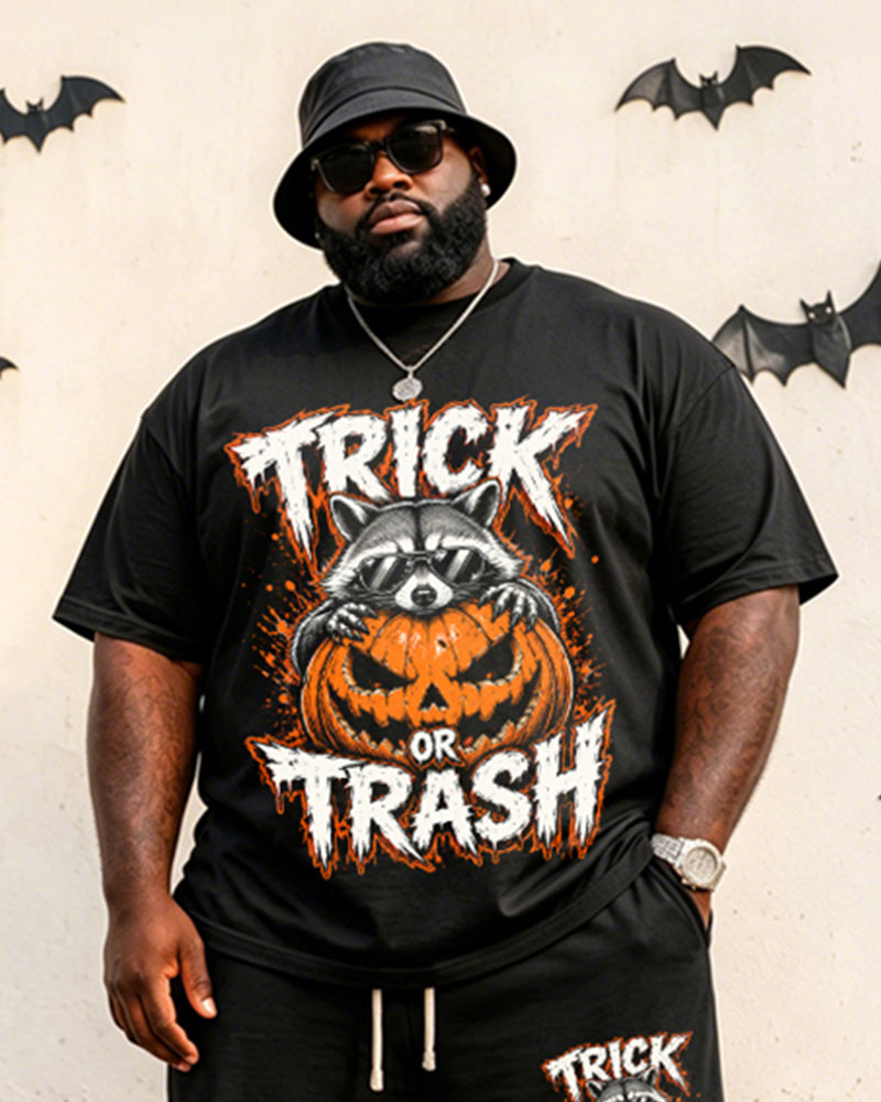 Big & Tall Men's Halloween Raccoon Pumpkin TRICK OR TRASH Printed Round Neck Short Sleeve T-Shirt Shorts Set