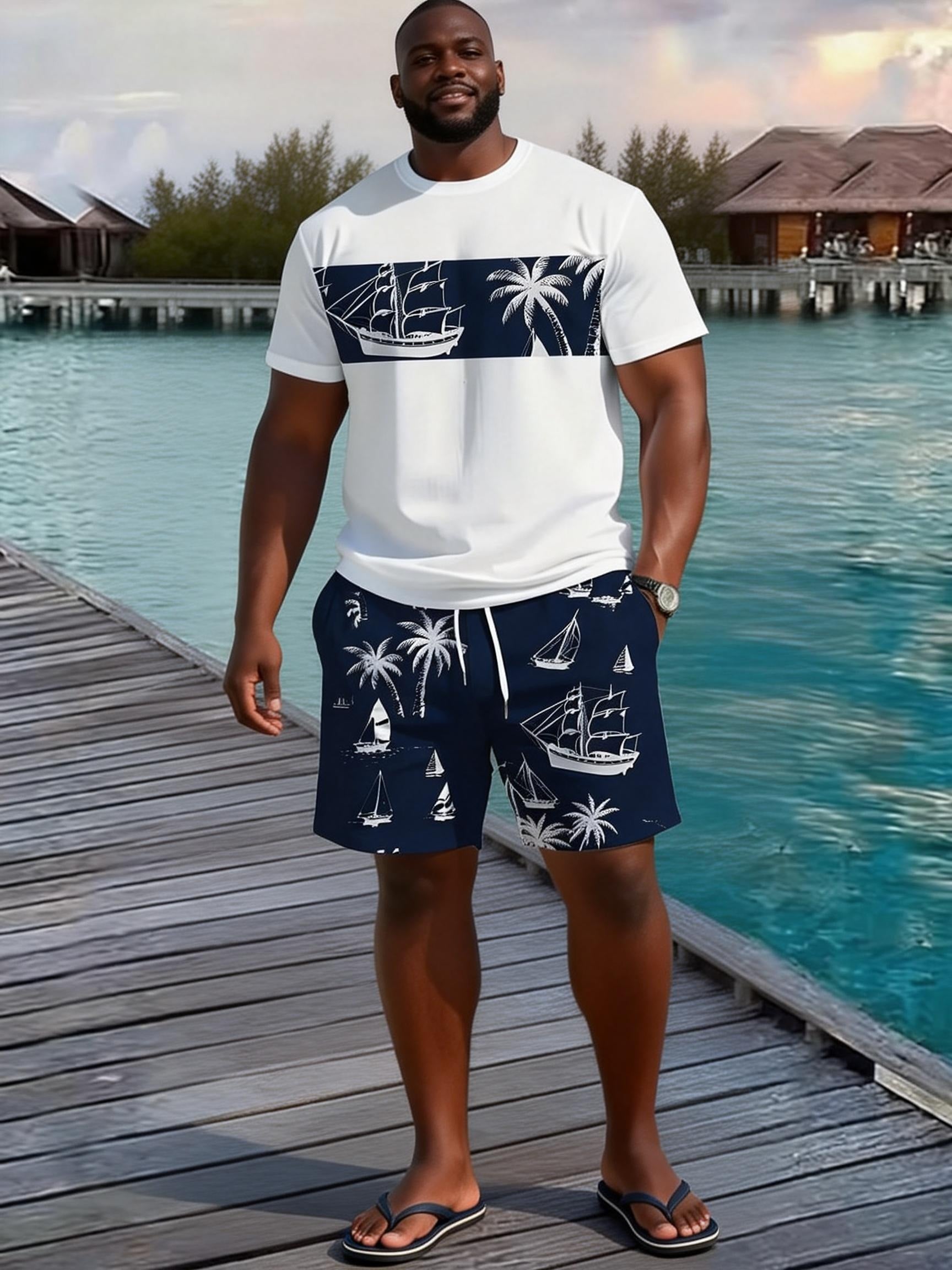 Big & Tall Men's Nautical Coconut Sailing Print Round Neck Short Sleeve T-Shirt Shorts Set