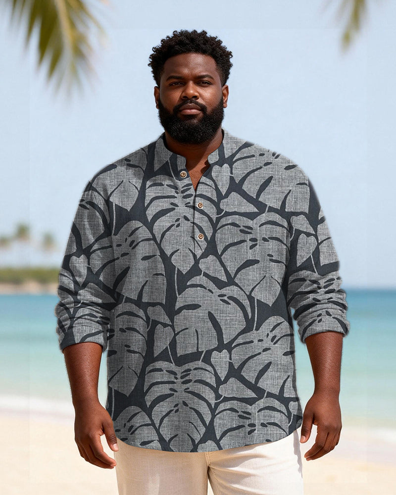 Big & Tall Men's Dark Grey Blue Leaf Textured Print Henry Collar Long Sleeve Shirt