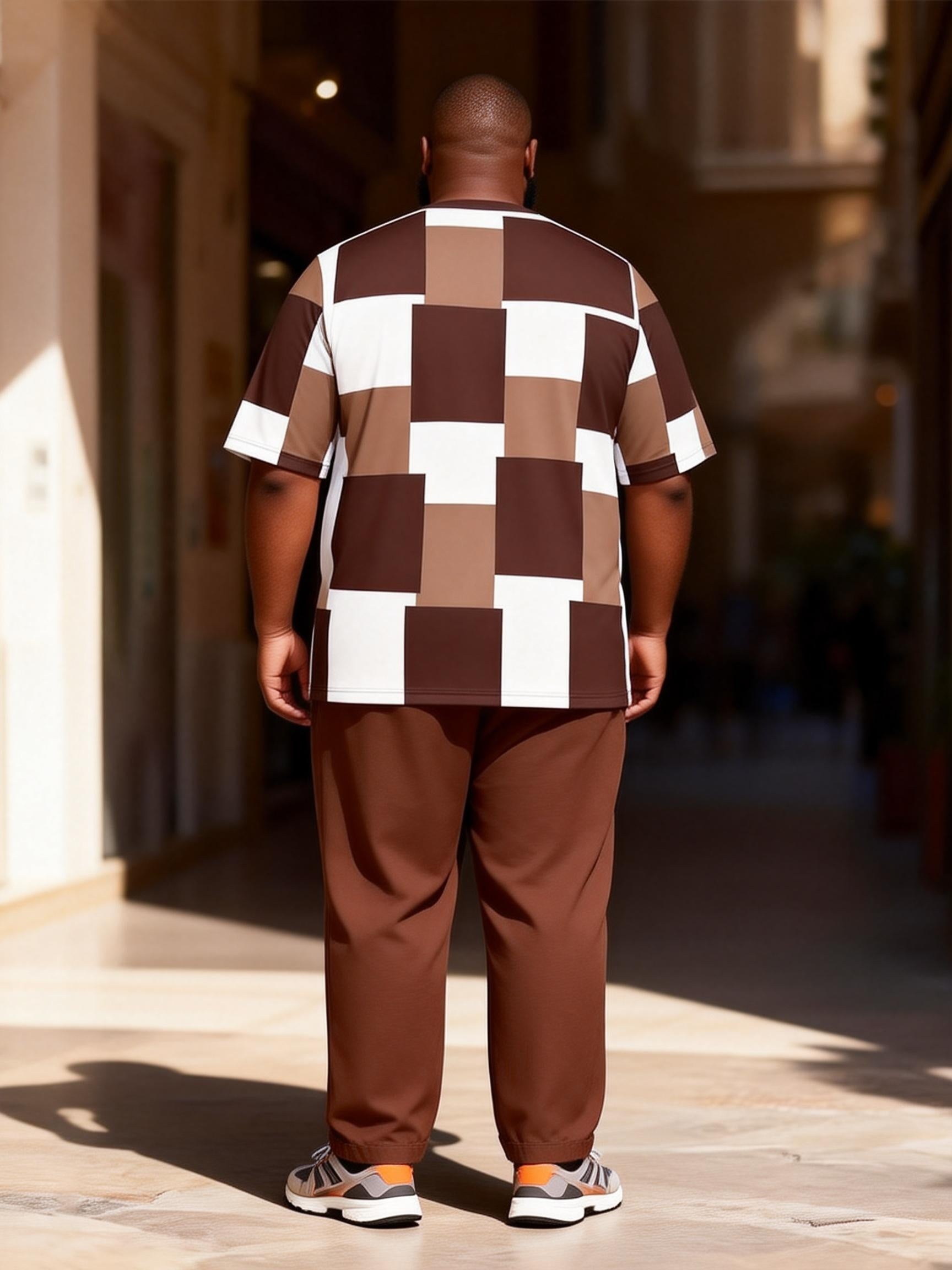 Big & Tall Men's Brown And White Checkerboard Printed T-Shirt Pants Set