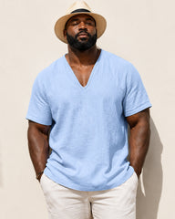 S-3XL Men's Linen Casual Deep V-neck Solid Color T-shirt