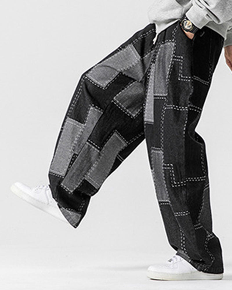 Men's Plus Size Japanese Vintage Patch Jacquard Jeans