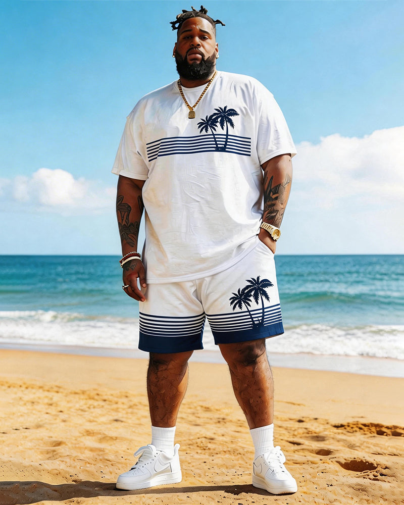 Big & Tall Men's Simple Coconut Stripe Print Round Neck Short Sleeve T-Shirt Shorts Set