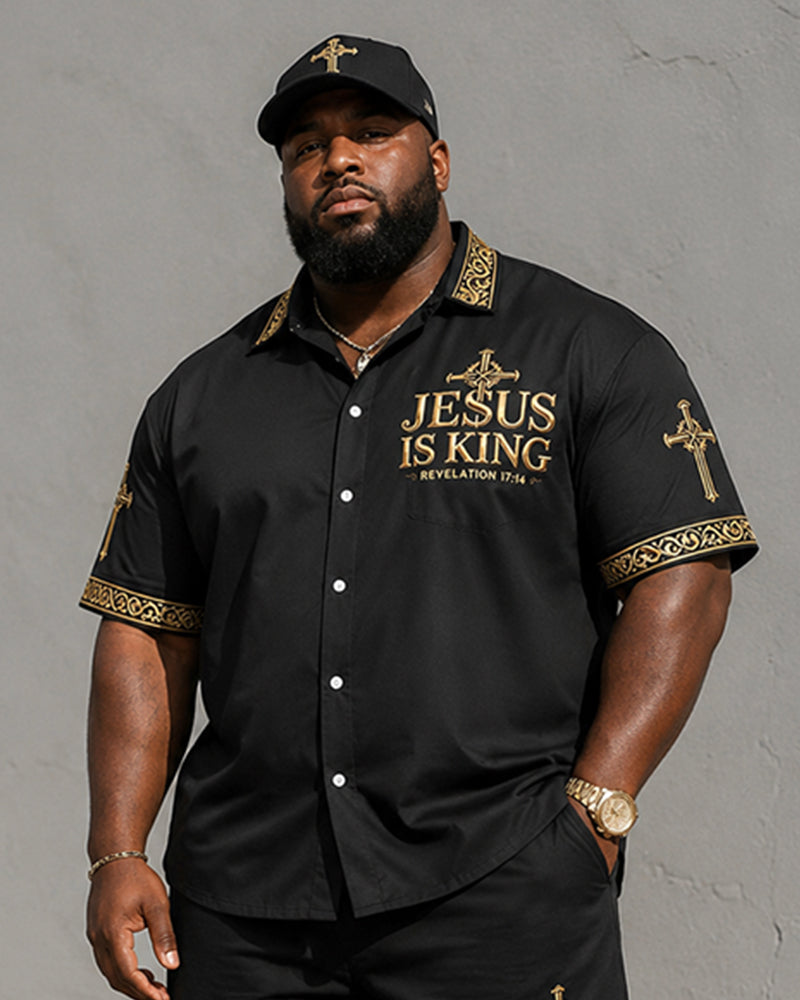 Big & Tall Men's JESUS IS KING Letter And Cross Print Short-Sleeve Shirt And Shorts Set