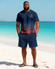 Big & Tall Men's Wine Red Gradient Coconut Printed Round Neck Short Sleeve T-shirt and Shorts Set