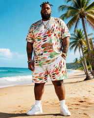 Big & Tall Men's Watercolor Small Fish Print Round Neck Short Sleeve T-Shirt Shorts Set