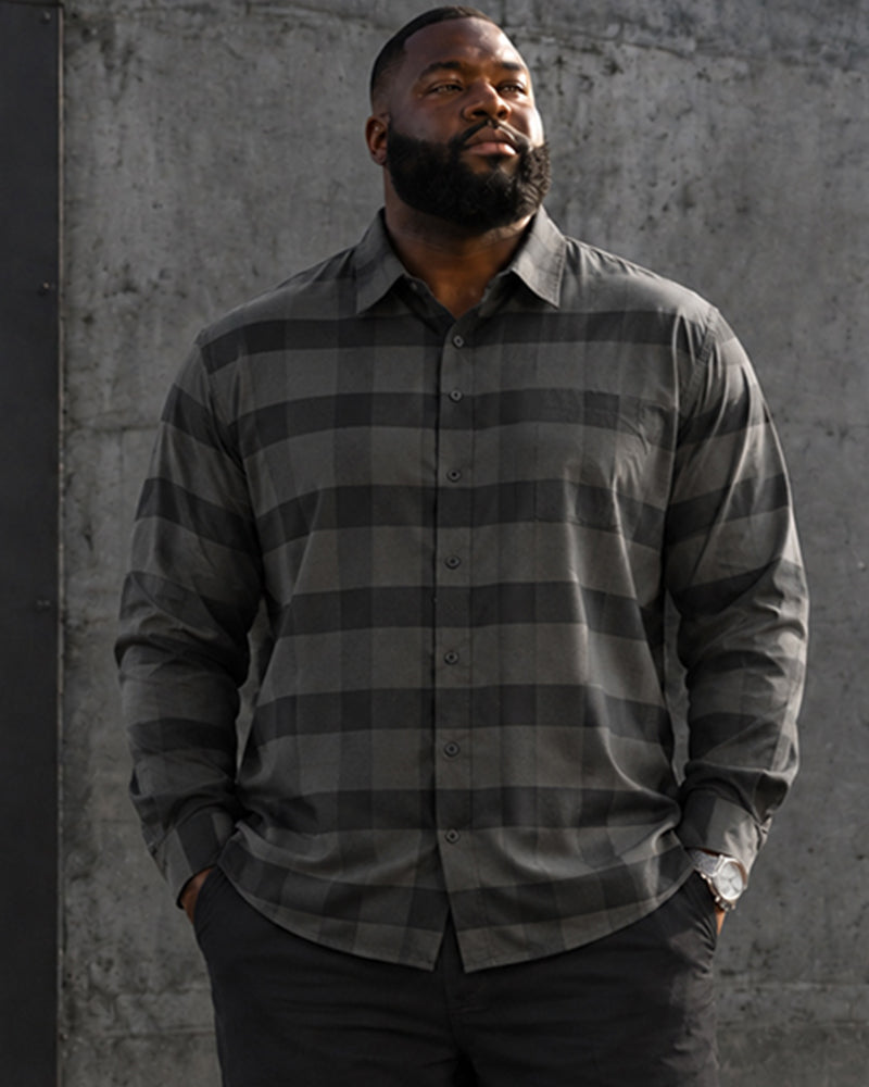 Big & Tall Men's Dark Gray Check Print Long Sleeve Shirt Trousers Set