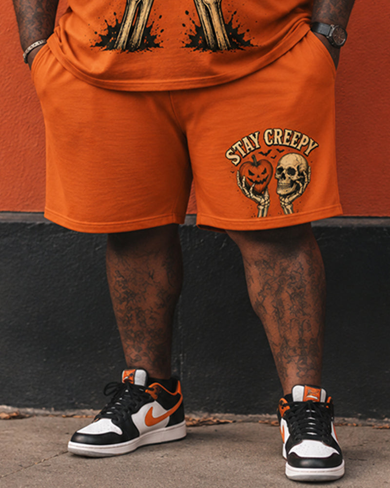 Big & Tall Men's STAY CREEPY Skull Pumpkin Vintage Printed Crewneck Short Sleeve T-Shirt Shorts Set