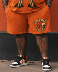 Big & Tall Men's STAY CREEPY Skull Pumpkin Vintage Printed Crewneck Short Sleeve T-Shirt Shorts Set