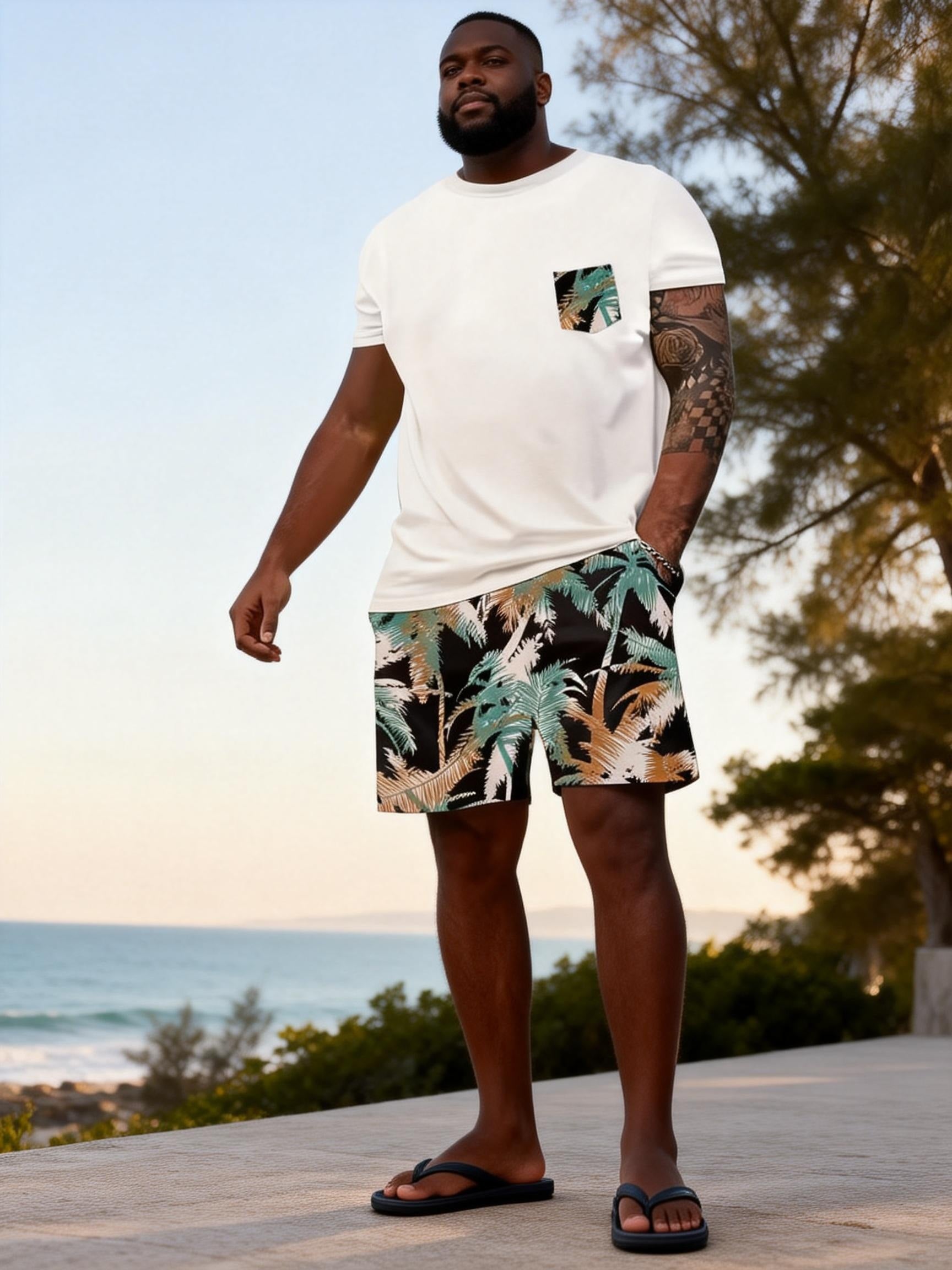 Big & Tall Men's Tropical Palm Print Round Neck Short Sleeve T-Shirt Shorts Set