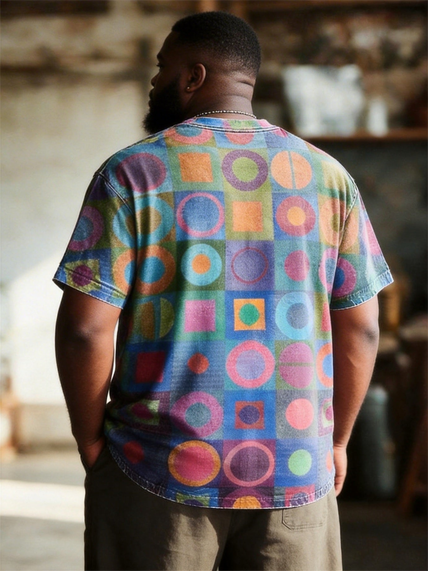 Big & Tall Men's Colorful Geometric Patchwork Print Round Neck Short Sleeve Tee