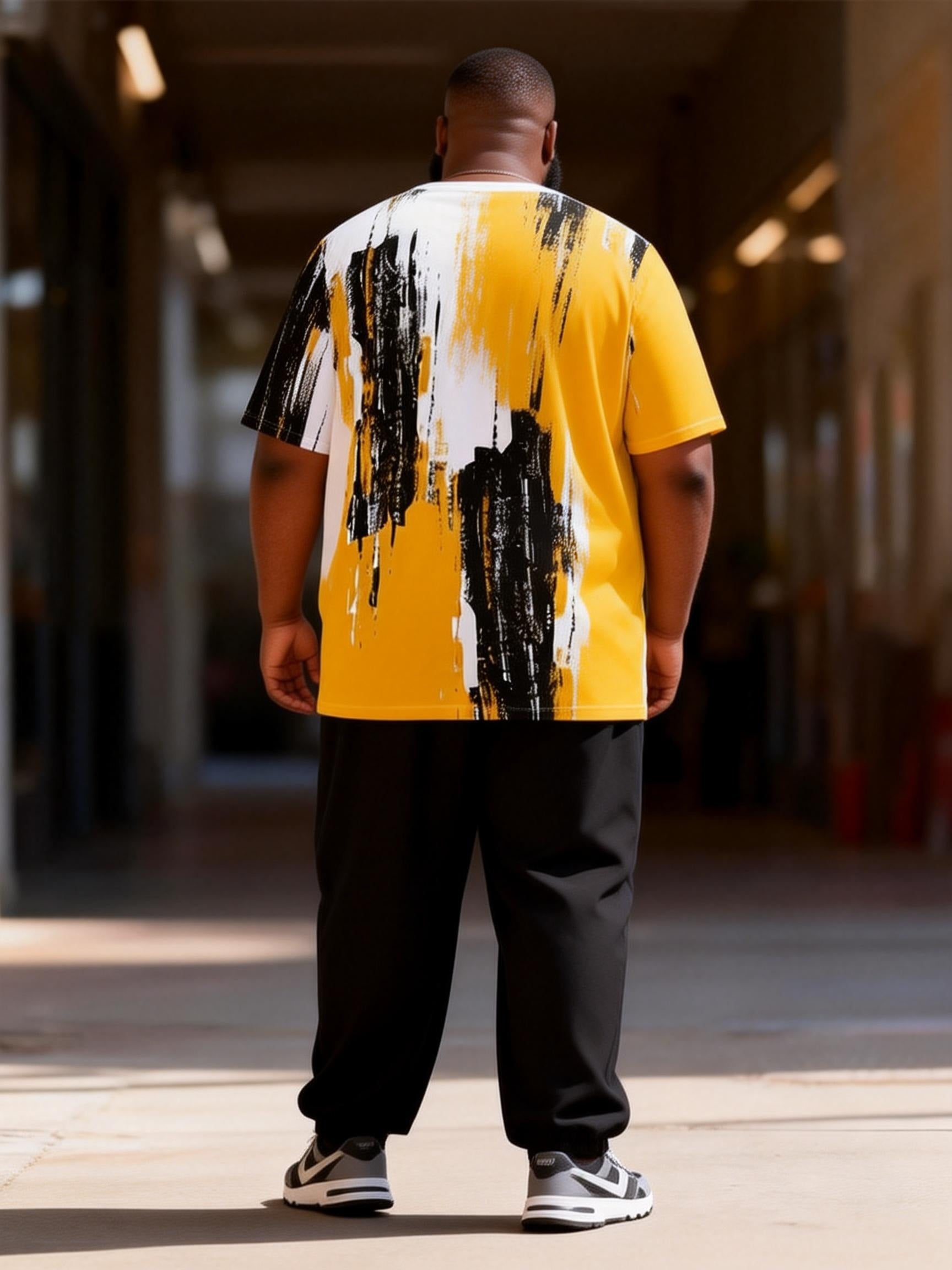 Big & Tall Men's Yellow Black And White Abstract Graffiti Print T-Shirt Pants Set