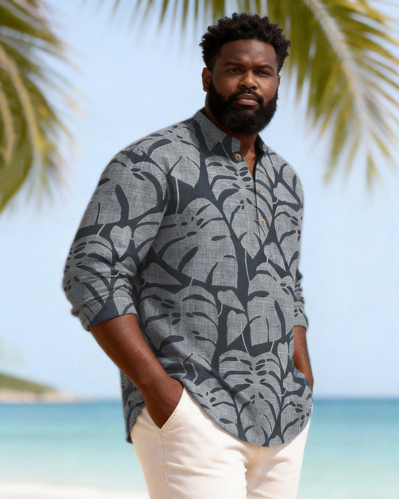 Big & Tall Men's Dark Grey Blue Leaf Textured Print Henry Collar Long Sleeve Shirt