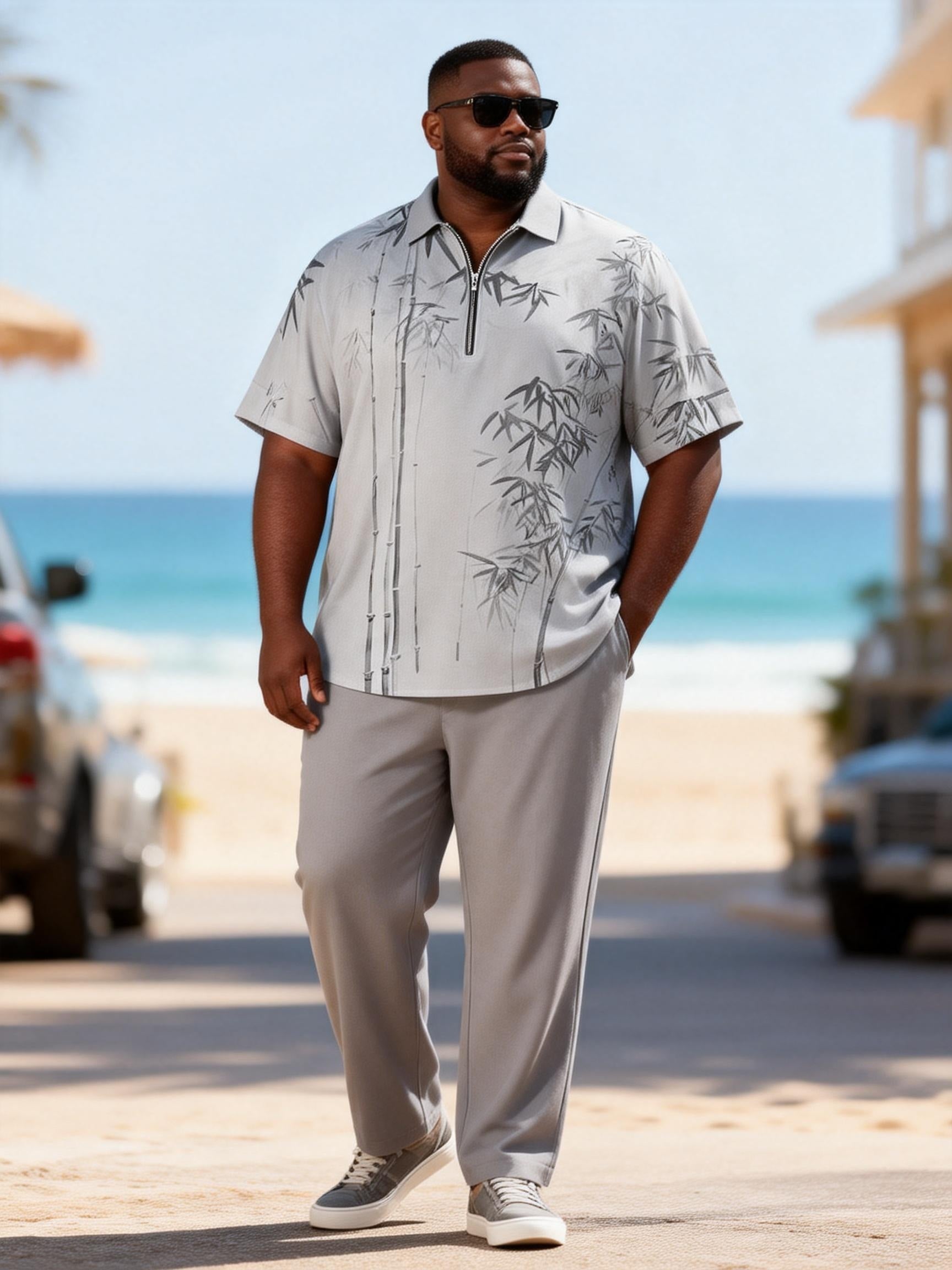 Big & Tall Men's Ink Bamboo Grey Printed Zipper Polo Short Sleeve Pants Set