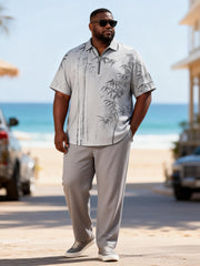 Big & Tall Men's Ink Bamboo Grey Printed Zipper Polo Short Sleeve Pants Set