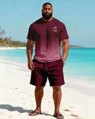 Big & Tall Men's Wine Red Gradient Coconut Printed Round Neck Short Sleeve T-shirt and Shorts Set