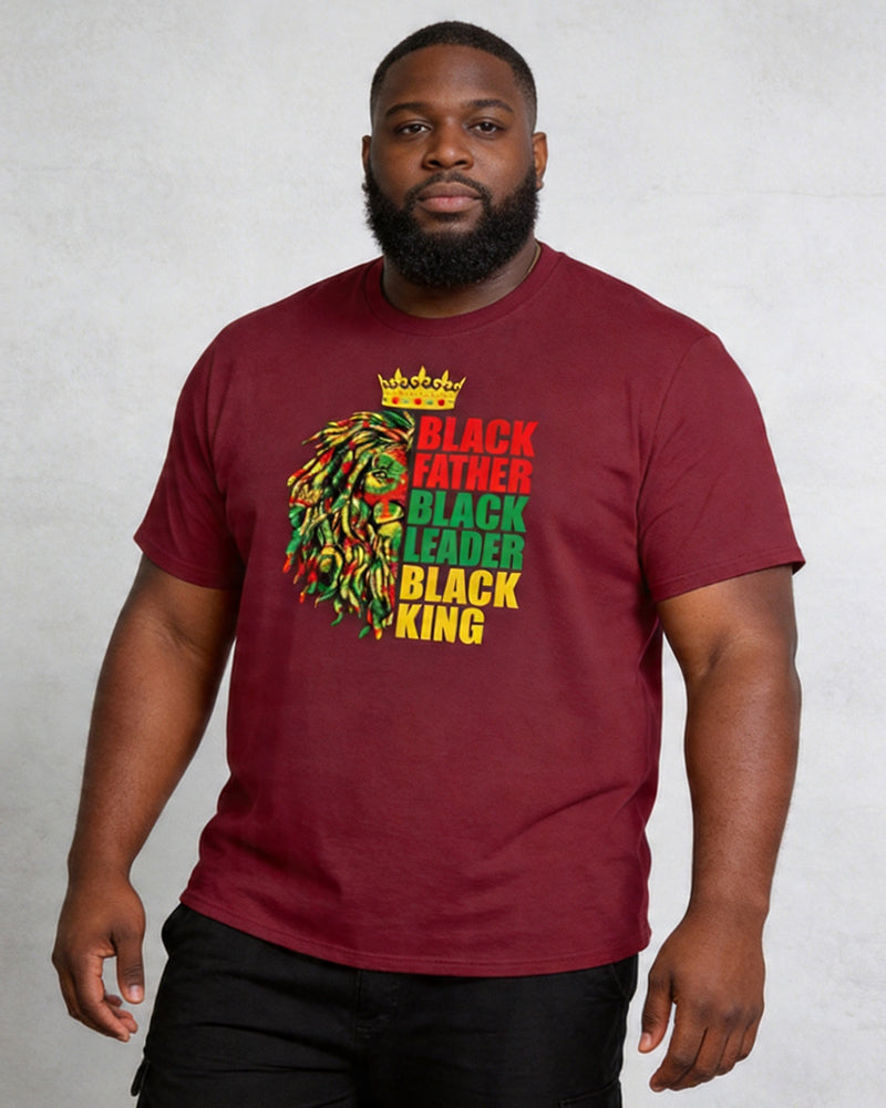 Big & Tall Men's Black Father Lion Red, Yellow, And Green Crown Print Crewneck Short-Sleeve T-Shirt
