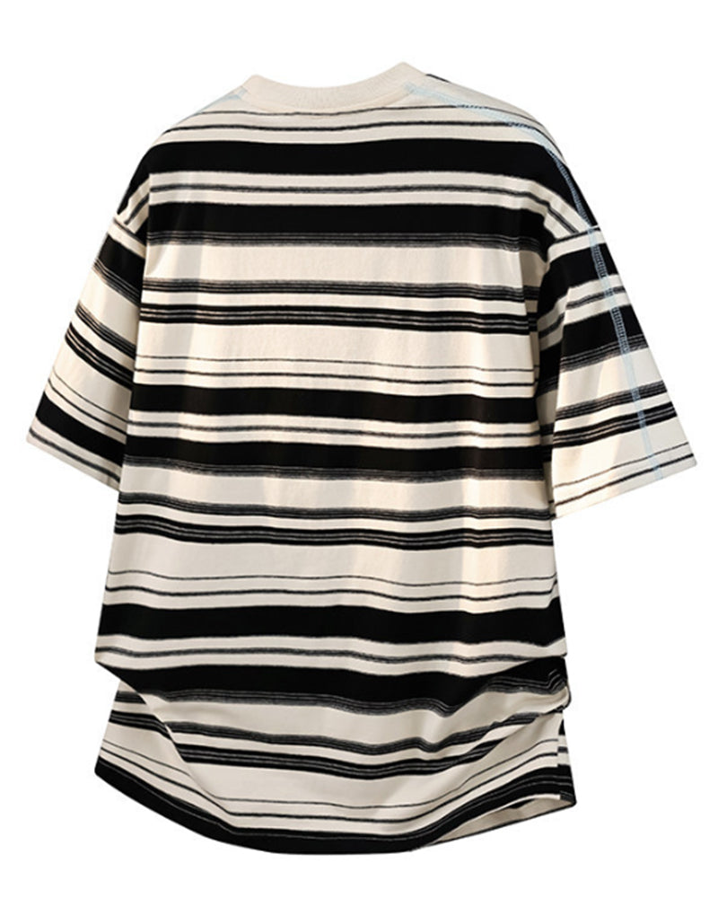 M-5XL Striped Loose Hasselblad Round Neck Short Sleeve