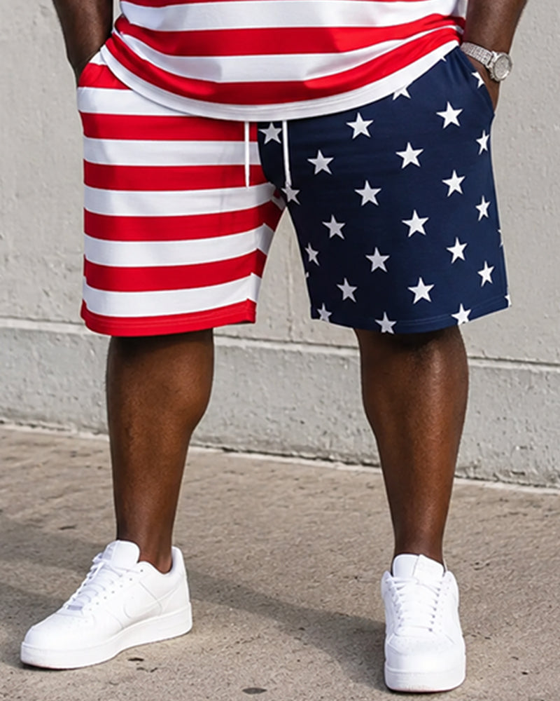 Big & Tall Men's USA Letter Stars And Stripes Patchwork Printed Round Neck Short Sleeve T-Shirt Shorts Set