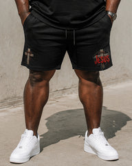 Big & Tall Men’s Thorned Cross JESUS Letter Print Crew-Neck Short-Sleeve T-Shirt And Shorts Set