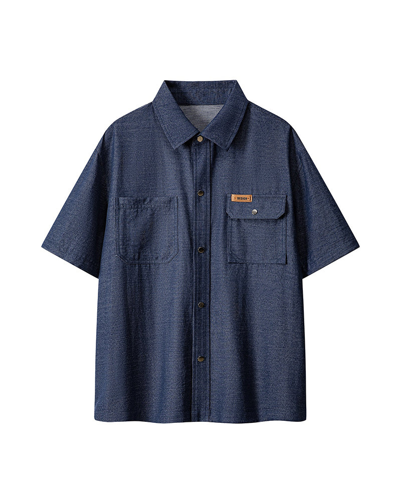M-8XL Men's Solid Color Denim Short Sleeve Shirt