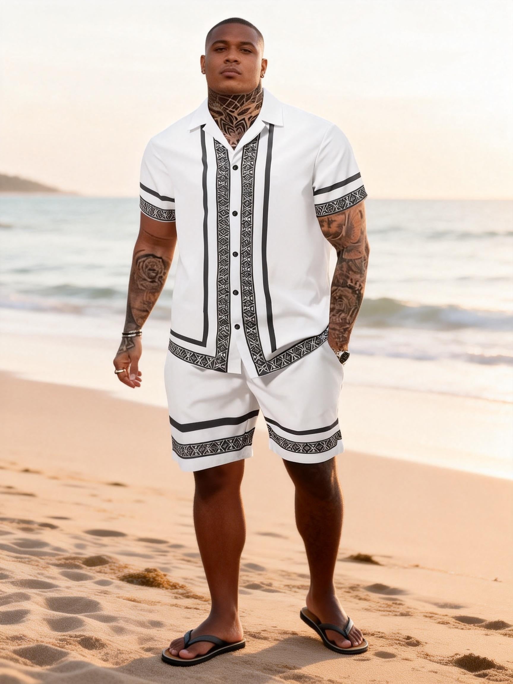 Big & Tall Men's Black And White Ethnic Style Trimmed Printed Short Sleeve Shirt And Shorts Set