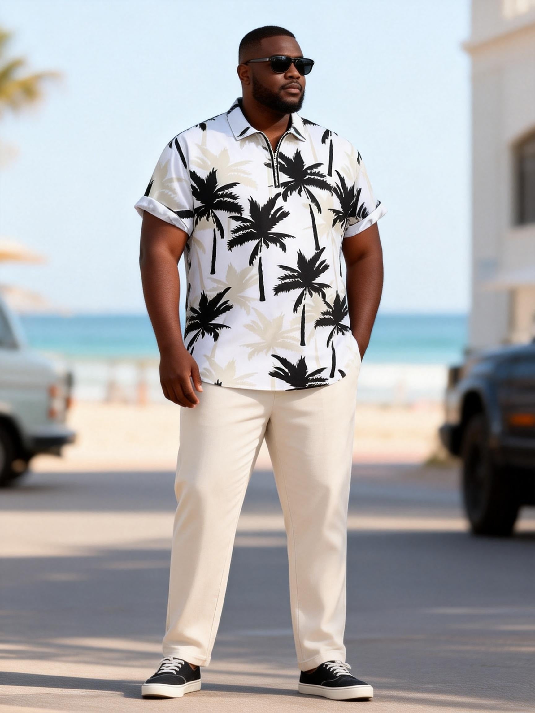 Big & Tall Men's Black And White Coconut Print Zipper Polo Short Sleeve Pants Set