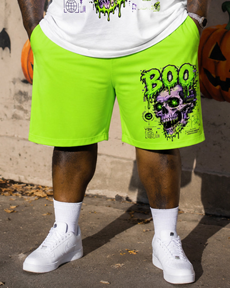Big & Tall Men's BOO Skull Graffiti Print Round Neck Short Sleeve T-Shirt Shorts Set