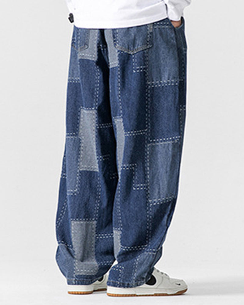 Men's Plus Size Japanese Vintage Patch Jacquard Jeans