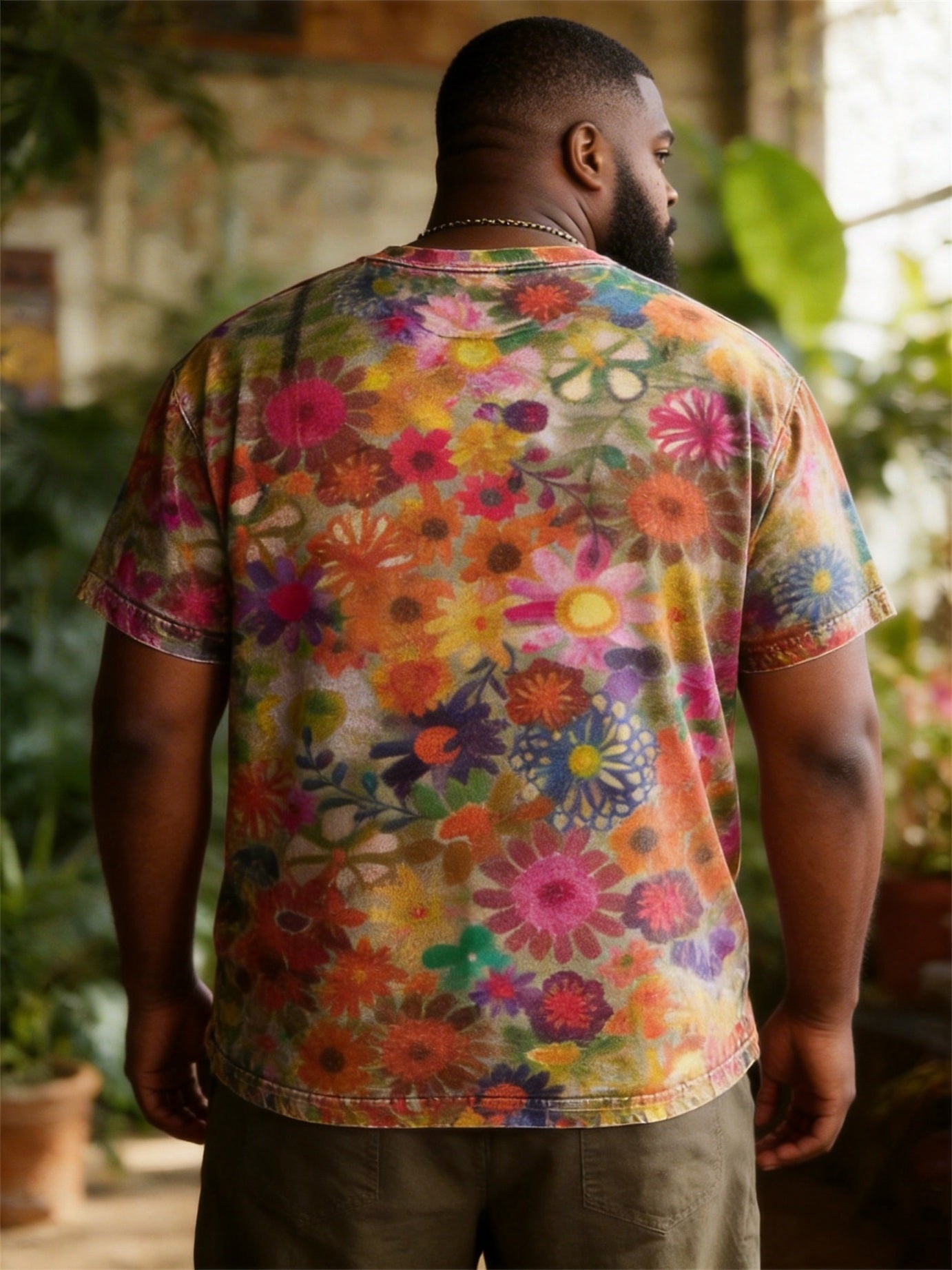 Big & Tall Men's Colorful Floral Print Round Neck Short Sleeve T-Shirt