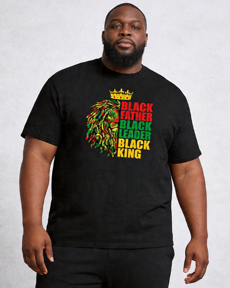 Big & Tall Men's Black Father Lion Red, Yellow, And Green Crown Print Crewneck Short-Sleeve T-Shirt