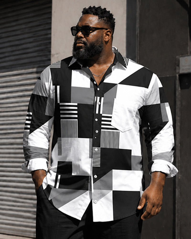 Big & Tall Men's Black And White Gray Geometric Block Printed Long Sleeve Shirt Trousers Set
