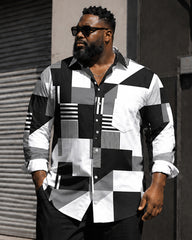 Big & Tall Men's Black And White Gray Geometric Block Printed Long Sleeve Shirt Trousers Set