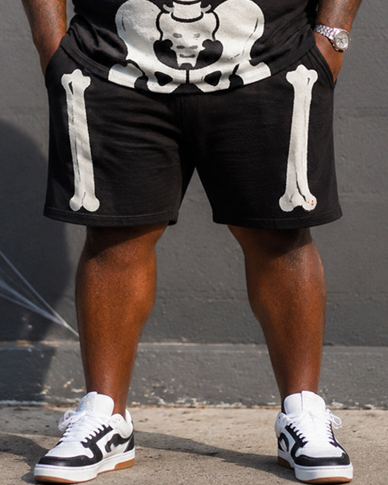 Big & Tall Men's Skeleton Chest Pumpkin Raccoon Print Round Neck Short Sleeve T-Shirt Shorts Set