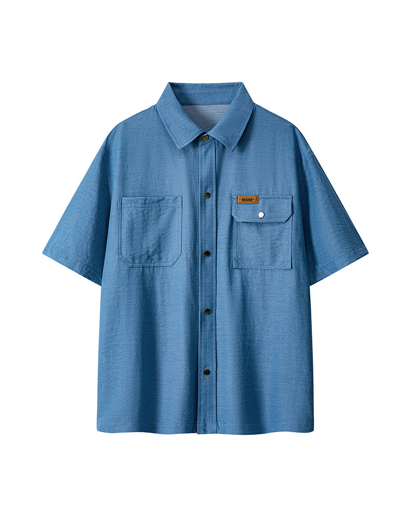 M-8XL Men's Solid Color Denim Short Sleeve Shirt