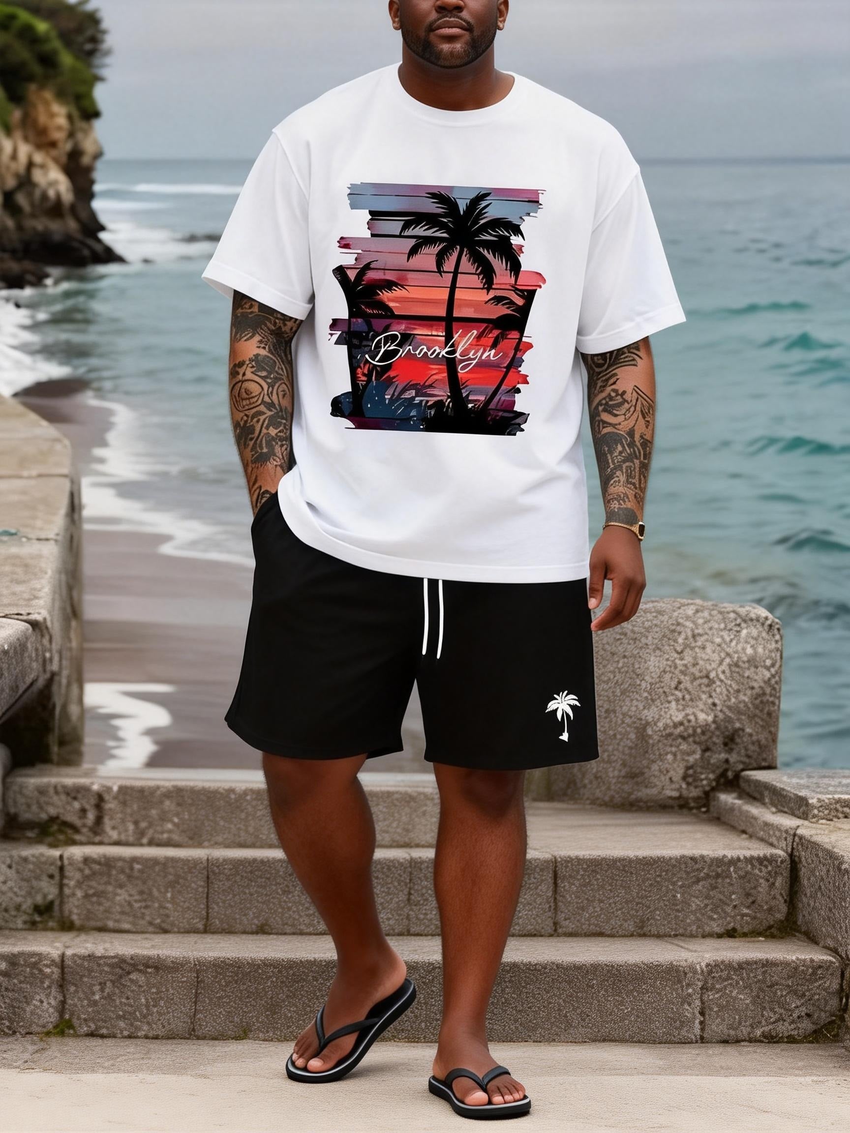 Big & Tall Men's Brooklyn Sunset Coconut Print Round Neck Short Sleeve T-Shirt Shorts Set