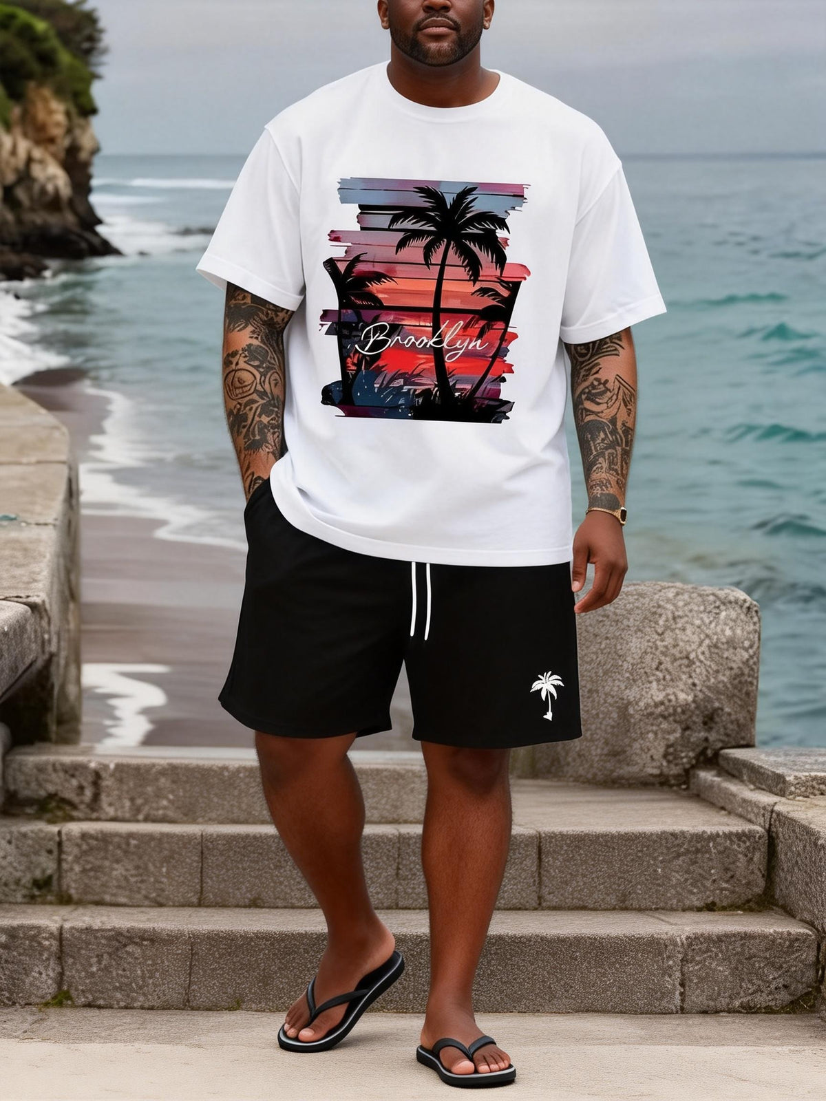 Big & Tall Men's Brooklyn Sunset Coconut Print Round Neck Short Sleeve T-Shirt Shorts Set