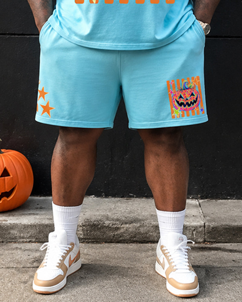 Big & Tall Men's Vertical Strip Colorful Stars Pumpkin Halloween Printed Crewneck Short Sleeve T-Shirt Shorts Set