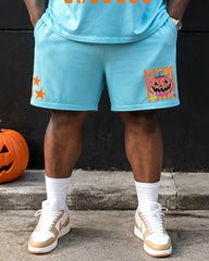 Big & Tall Men's Vertical Strip Colorful Stars Pumpkin Halloween Printed Crewneck Short Sleeve T-Shirt Shorts Set