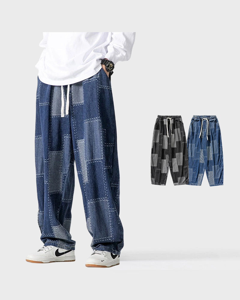 Men's Plus Size Japanese Vintage Patch Jacquard Jeans