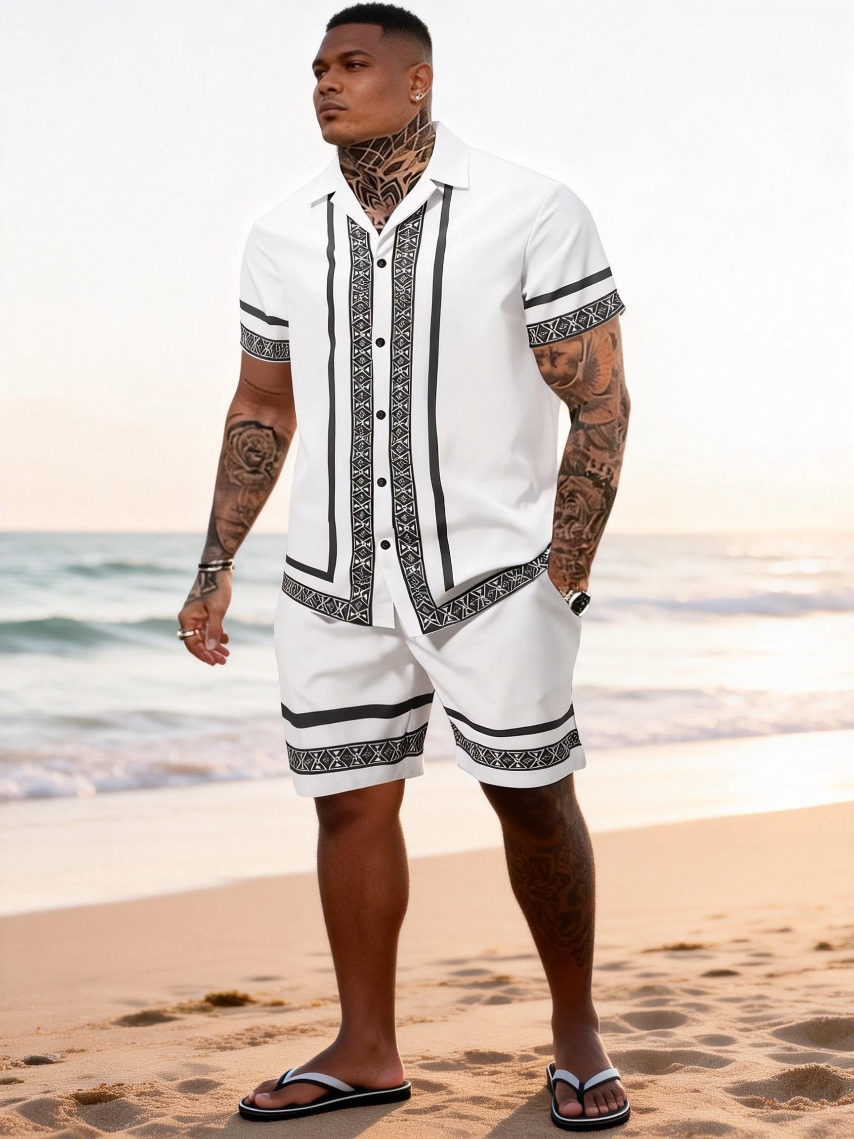 Big & Tall Men's Black And White Ethnic Style Trimmed Printed Short Sleeve Shirt And Shorts Set