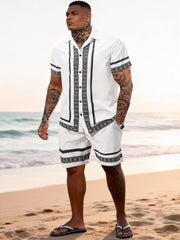 Big & Tall Men's Black And White Ethnic Style Trimmed Printed Short Sleeve Shirt And Shorts Set