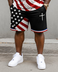 Big & Tall Men's American Flag Cross Print POLO Short Sleeve Shorts Set