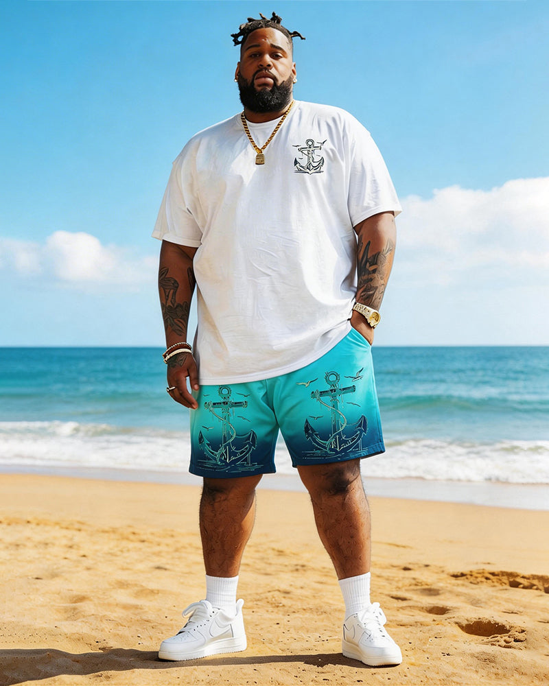 Big & Tall Men's Sailing Anchor Gradient Print Round Neck Short Sleeve T-Shirt Shorts Set