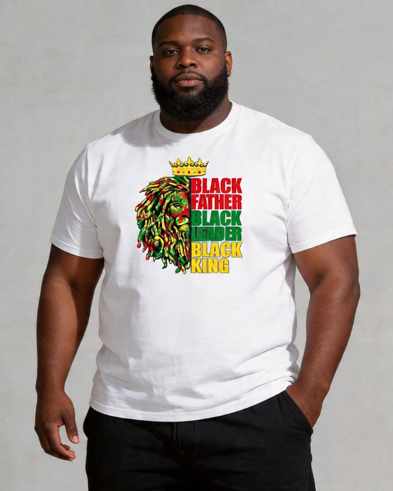 Big & Tall Men's Black Father Lion Red, Yellow, And Green Crown Print Crewneck Short-Sleeve T-Shirt