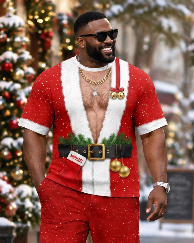 Big & Tall Men's 3D Printed Santa Claus Costume Print T-Shirt And Pants Set