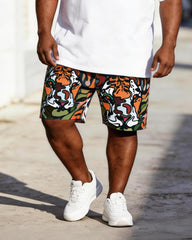 Big & Tall Men’s Cartoon Tiger Head Printed Crew Neck Short-Sleeve T-Shirt And Shorts Set