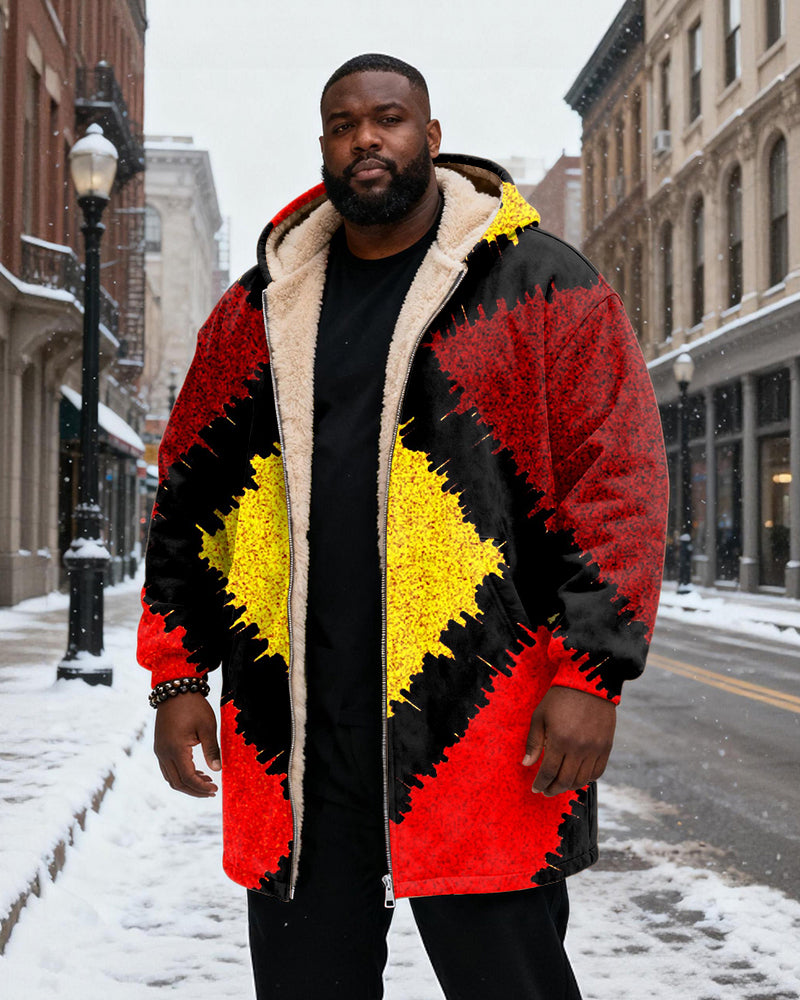 Big & Tall Men's Red, Black And Yellow Contrast Geometric Printed Velvet Padded Long Hooded Coat