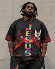 Big & Tall Men's JESUS Letter Blood Dropping Love White Dove Printed T-Shirt Pants Set