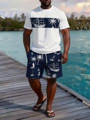 Big & Tall Men's Nautical Coconut Sailing Print Round Neck Short Sleeve T-Shirt Shorts Set